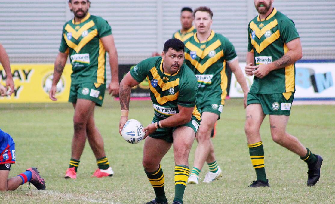Forster-Tuncurry halfback Adrian Davis looks for support in the Group 3 game against Wauchope at Tuncurry. This is one of only two matches to be played so far this season.