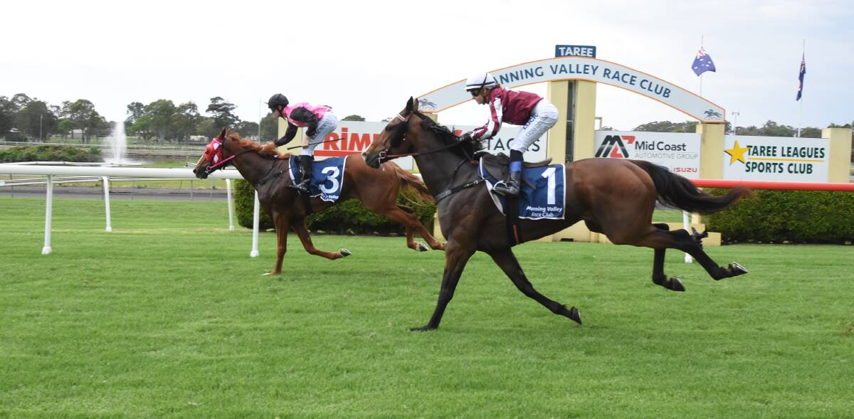  Jockey Robert Agnew steers Our Dragon ($3.60) to the line to win the HMM Accountants Maiden Plate over 1600m at the Manning Valley races this week.