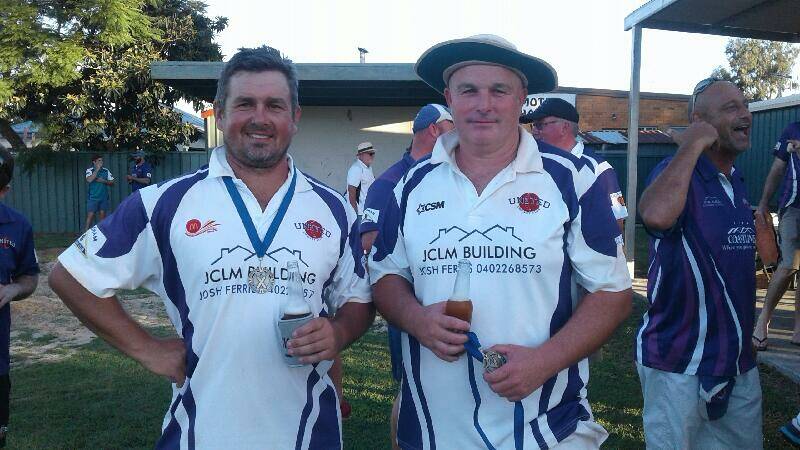 Josh Ferris and Danial Stone enjoy a well earned beer after their match winning partnership in the Mid North Coast Premier League grand final. Photo Les Eastway