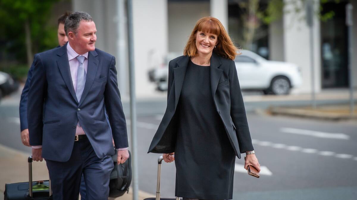 Steven Whybrow, outside court with fellow defence barrister Katrina Musgrove, received text messages from Senator Linda Reynolds while cross-examining Brittany Higgins. Pictures by Karleen Minney