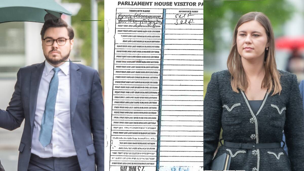 The names of Bruce Lehrmann, left, and Brittany Higgins, right, on a Parliament House visitor log from the morning of the alleged rape. Pictures by Karleen Minney, supplied