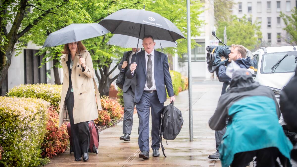 Steven Whybrow, who began cross-examining Brittany Higgins on Thursday, outside court with fellow defence barrister Katrina Musgrove. Picture by Karleen Minney