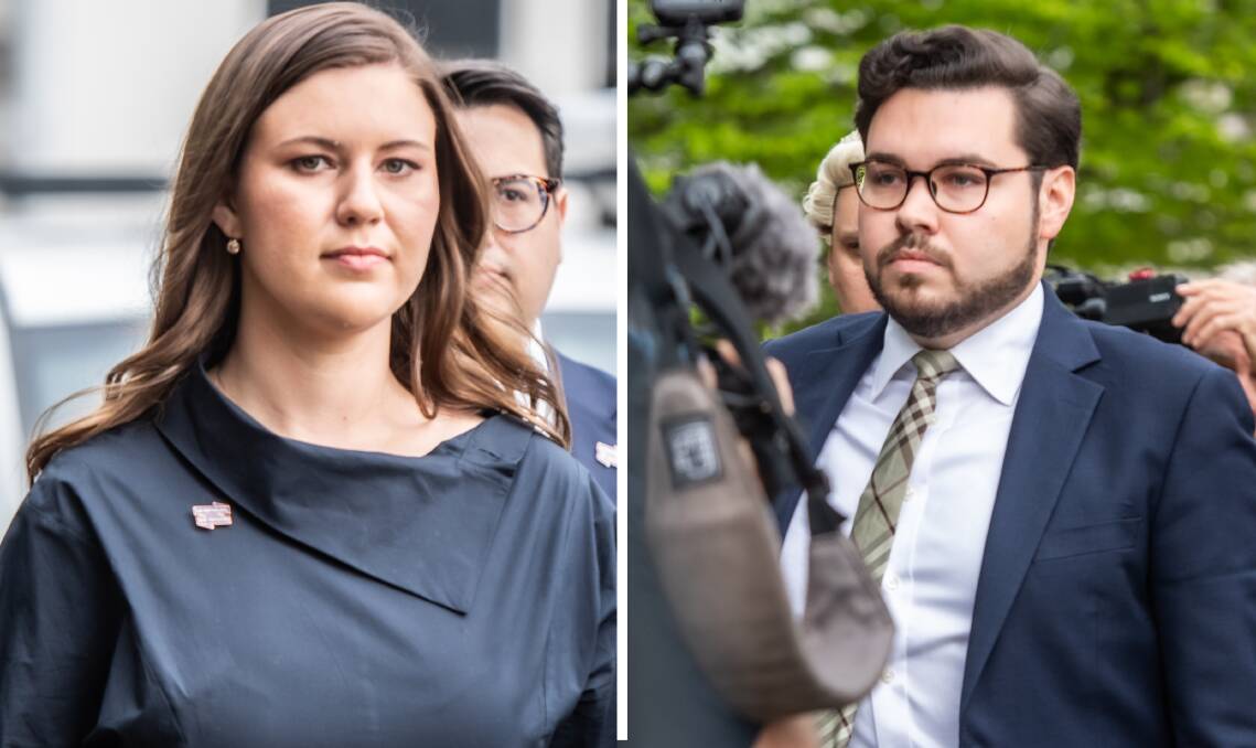 Bruce Lehrmann, right, arrives at his trial over the alleged rape of Brittany Higgins, left, on Tuesday. Pictures by Karleen Minney