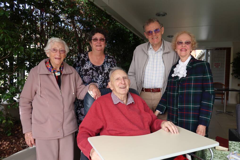 Milestone: Beryl Christie,Jenny Umbers, Charles Pass and Ellen Pass, with the Rev Don Handebo, seated. Photo: supplied