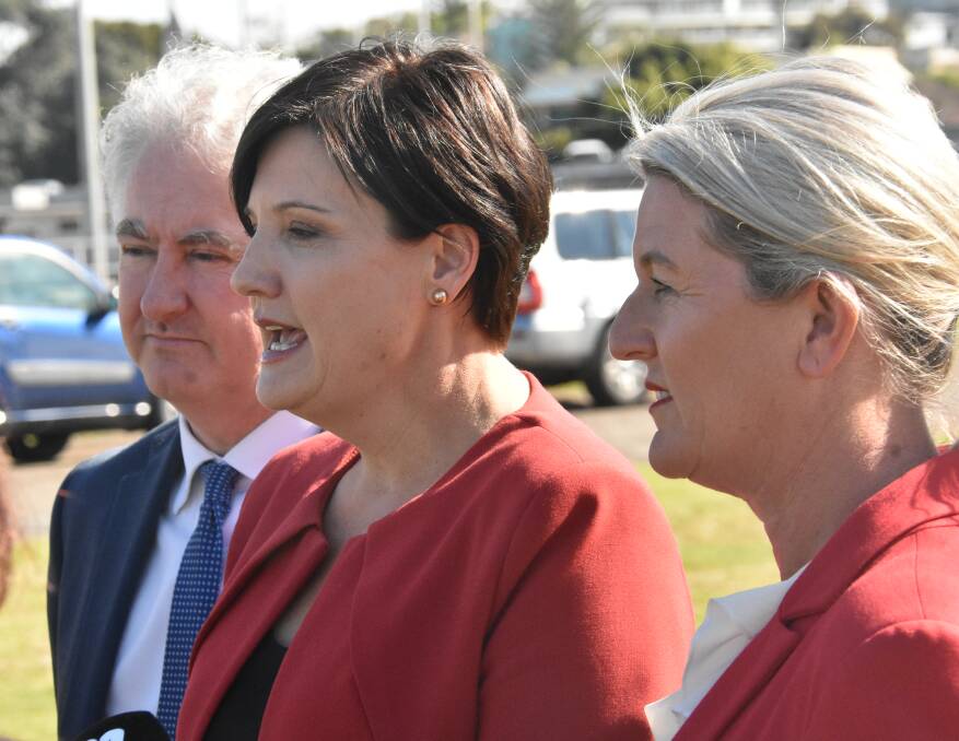 Stop the cuts: State opposition leader Jodi McKay with shadow minister for energy Adam Searle and Labor deputy leader Yasmin Catley.