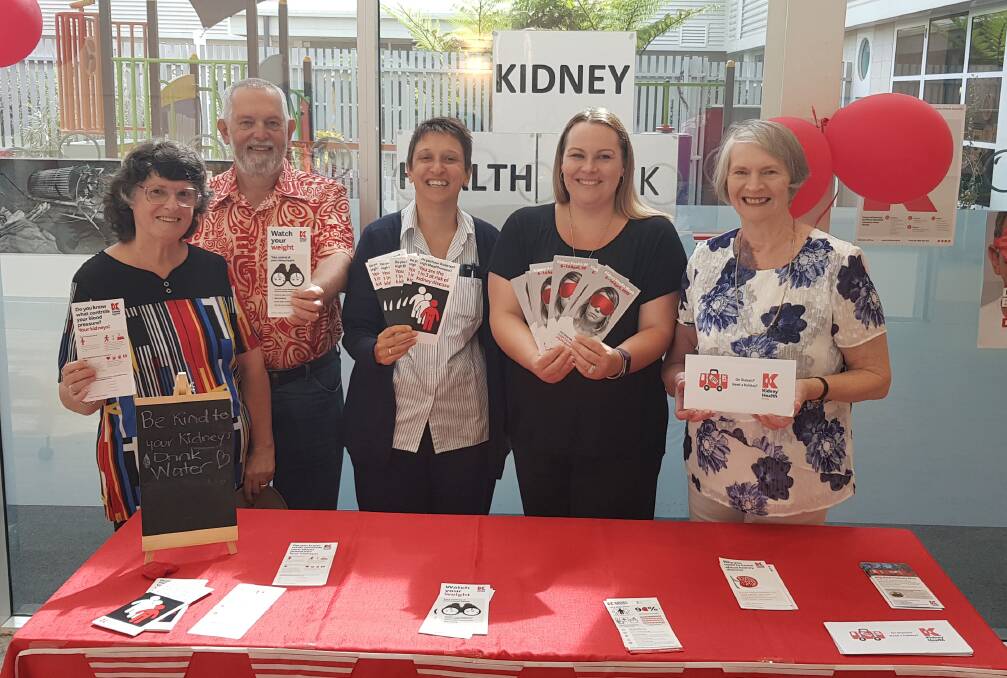 More info: Trivia night winners Peter and Tina Domjan, Renal Unit Manager Trish Campbell, Sienna Grange Retirement Village manager Alicia Clark and tireless fundraiser and trivia night organiser Adele Miller at the Kidney Health Week information stand at Port Macquarie Base Hospital.