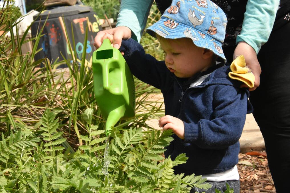 Fast learner: 20-month-old Coen Lowe learning how to conserve water at The Lost Plot, Port Macquarie. Council will introduce level 2 high water restrictions from Monday, September 2.