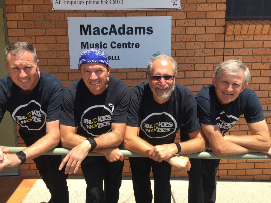 Ready to sing: Blokes Notes members Leigh Morley, Gary Snow, Warren Frumar and Grant Heaton are ready to welcome new members to rehearsals on Thursday February 1 at the Mac Adams Music Centre.