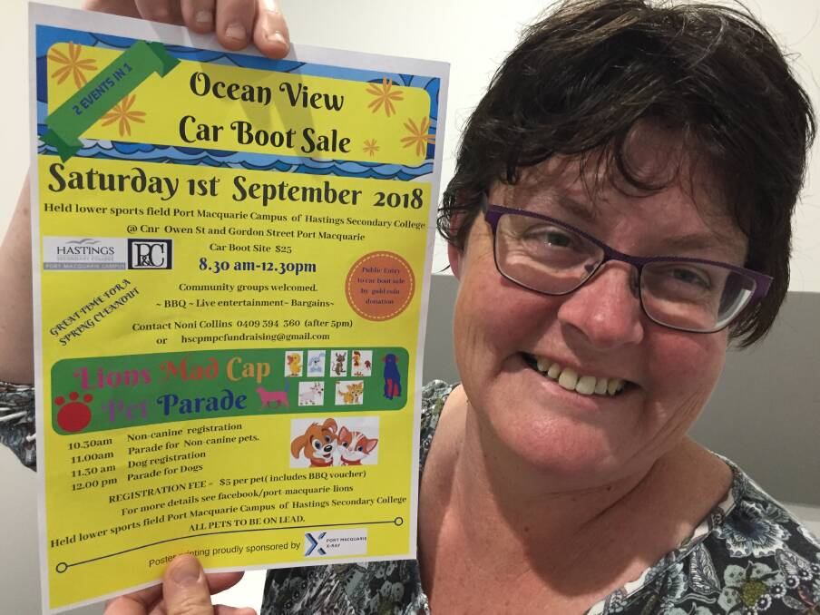 Spring clean: Noni Collins promoting the ocean view car boot sale at the Hastings Secondary College, Port Macquarie campus on Saturday September 1.