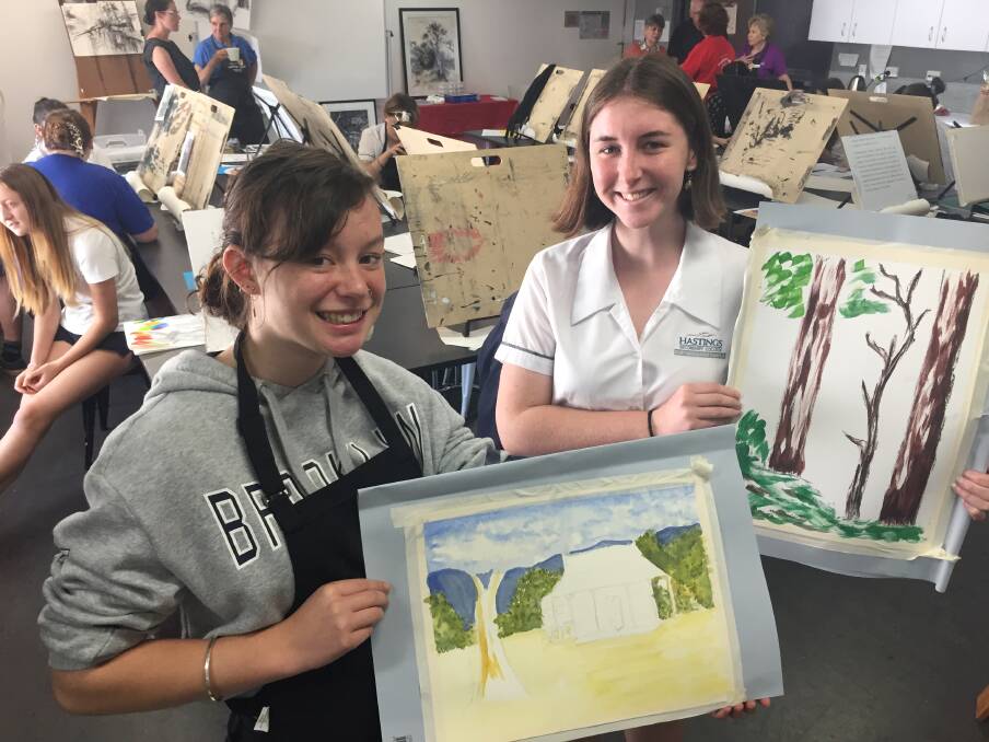 Getting ahead: Hastings Secondary College Westport Campus year 12 student Alex McBain and Port Macquarie Campus' Lili McLean-Prosser were enjoying the tutoring from Hastings Valley Fine Art Association members.