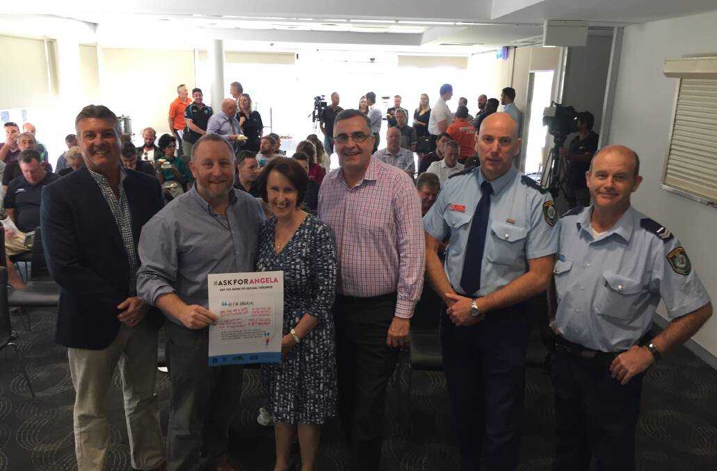 Good to go: John Green, Alistair Flower, Leslie Williams MP, Justin Boydell, Detective Superintendent Guy Flaherty and Senior Constable Dean Magennis at the launch of Ask for Angela on Tuesday September 11.
