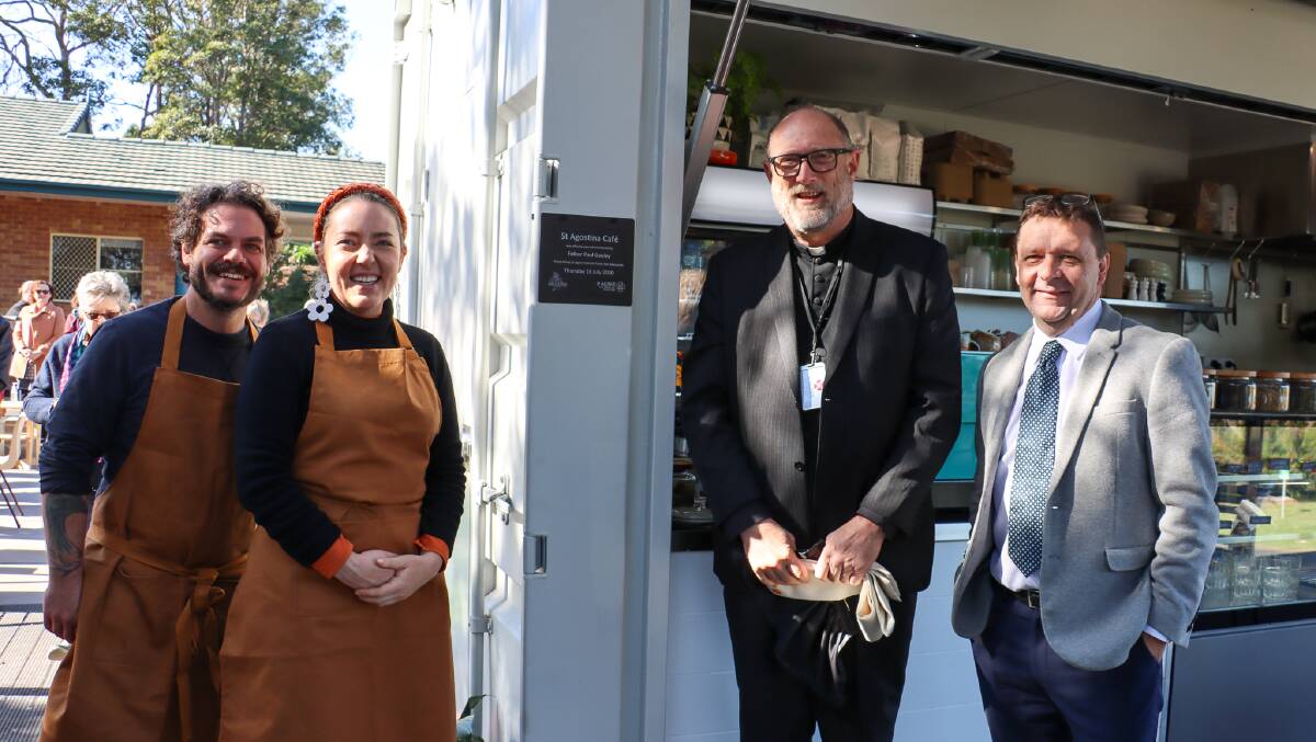 Open for business: Aaron Rae and Marissa Bennett with Parish Priest Fr Paul Gooley and St Agnes' Catholic Parish CEO Adam Spencer at the official opening.