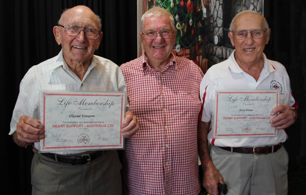 Congratulations: Port Macquarie-Hastings Branch President Bob Edwards with life members Boy Vinson and Eric Elms.