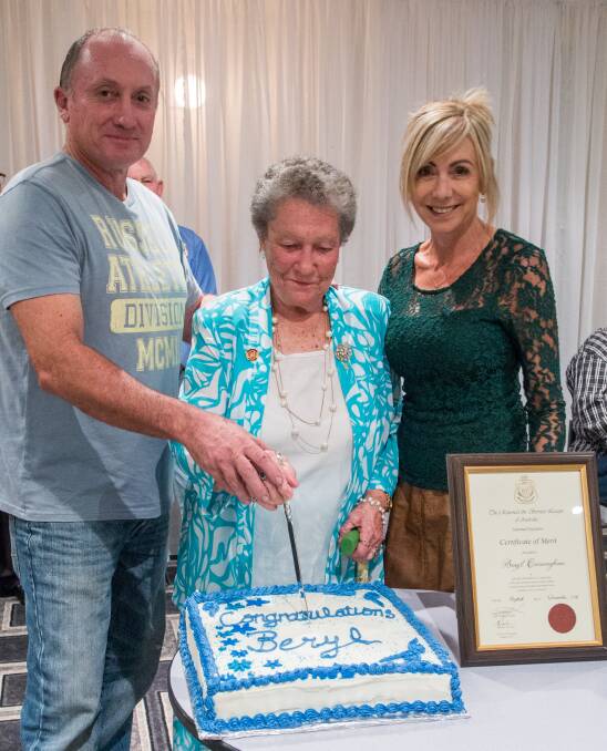 Beryl's award: Beryl Crossingham, with son Paul and daughter Leeann Clayworth celebrating her certificate of merit from the Wauchope RSL sub branch.
