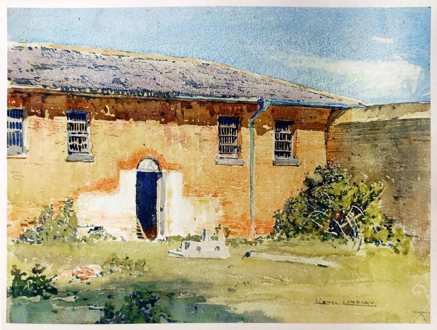 Old jail: The courtyard of the old jail just a few years before demolition. This is a painting by Sir Lionel Lindsay.