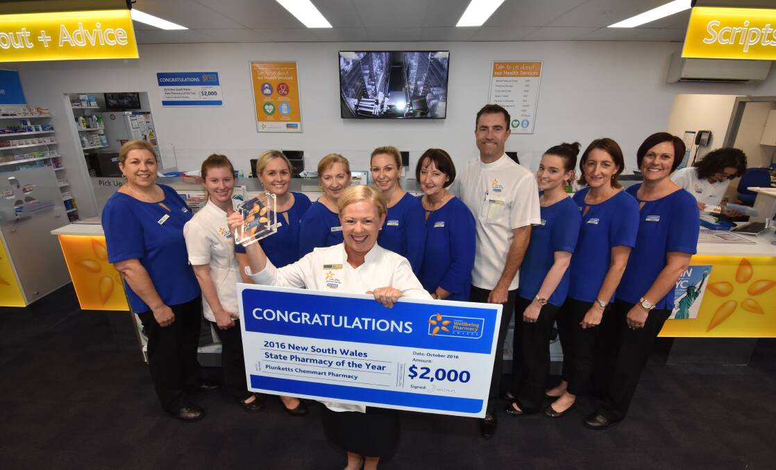 State award: Plunketts Chemmart Pharmacy's Judy Plunkett with Fiona Mason, April Jackson, Belinda Hearle, Pat Roser, Jo Martin, Julie Sage, Tim Cole, Maddison Nelson, Fiona Inwood and Tracey Cole celebrating their state award.