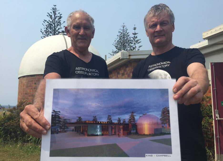 You beauty: Port Macquarie Astronomical Association planning coordinator Chris Ireland and president Robert Brangwin with images of the new-look observatory.