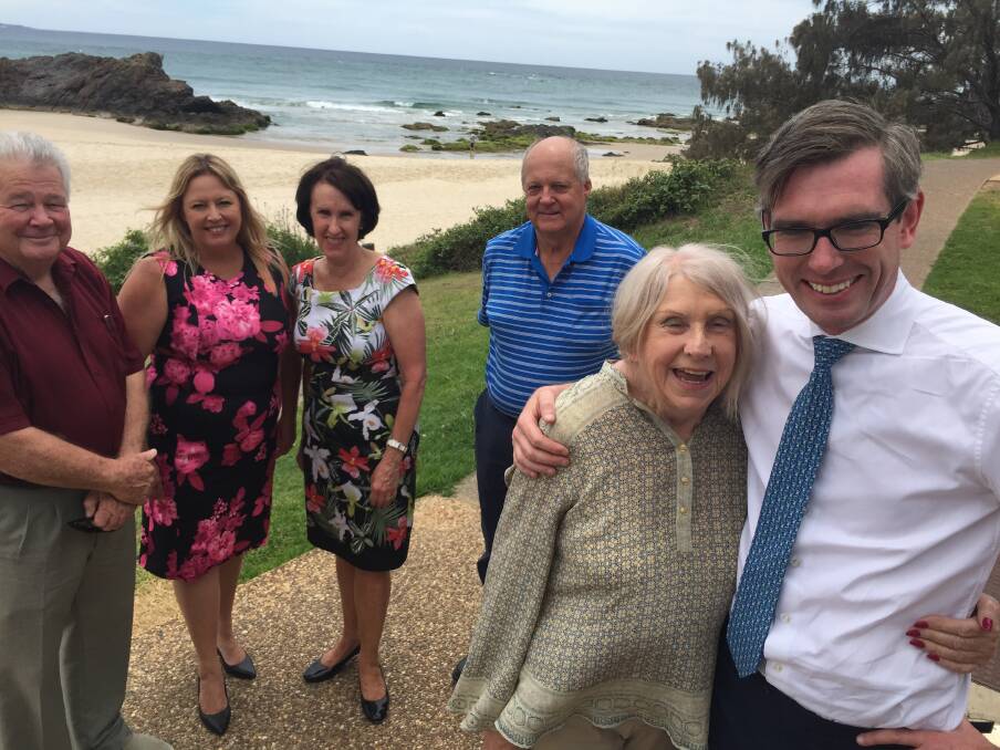 Fantastic: Fred O'Toole, Peta Pinson, Leslie Williams and Geoff Slack look on as Beryl Britton thanks treasurer Dominic Perrottet for the $50,000 to be used for a feasibility study into a tidal pool for Port Macquarie.
