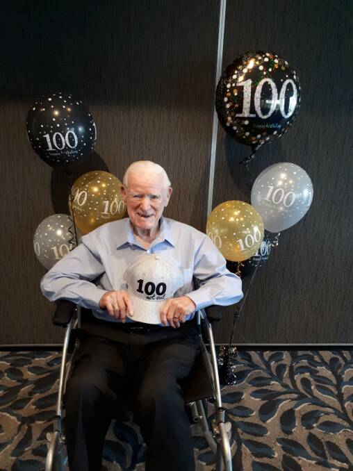 Birthday boy: Port Macquarie's Harry Toogood celebrating his 100th birthday on Saturday evening.