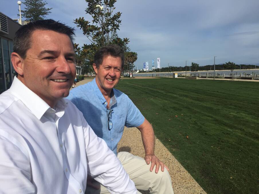 Looking ahead: The Nationals' candidate for Cowper Patrick Conaghan with soon-to-retire member Luke Hartsuyker on Port Macquarie's Town Green.