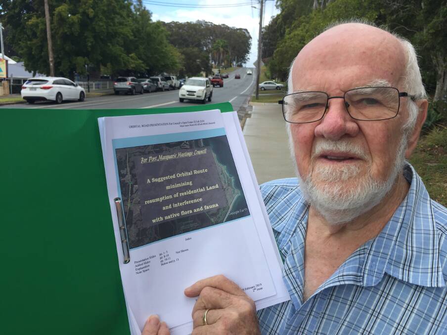 New plan: Fernhill Road resident Jim Munro with a copy of his alternative to Port Macquarie-Hastings Council's orbital road investigation corridor.