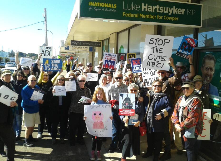 Protecting Aunty: Mid North Coast ABC Friends and supporters of the ABC at Friday's protest action outside federal MP Luke Hartsuyker's Port Macquarie office. Photo: supplied