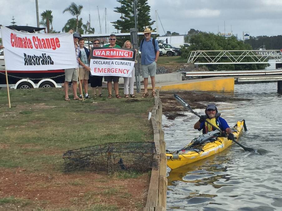 He's here: Ecowarrior and kayak legend Steve Posselt meeting local climate change group members during his stop-over in Port Macquarie on Friday on his journey from Ballina to Moruya and then onto Canberra.