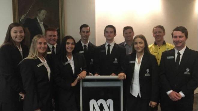 VET discussion: Newman College students at ABC Studios in Ultimo QandA School Special. Left to right: Stacee Kyle, Emma Waters, Harry Hanley, Jamie-Lee Smith, Jordie Gibson, Patrick McKinnon, Principal Stephen Pares, Ruby Dickson, Lachlan Ross, Ronan Cornell. Photo: supplied
