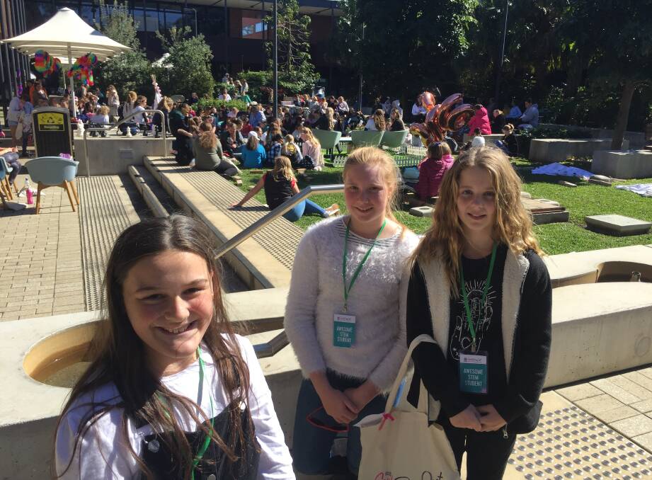 Bright minds: Alliyra Bentley, Sophia Skitek and Amber Grange soaking up the atmosphere at the inaugural Girls Day Out in STEM at CSU Port Macquarie.