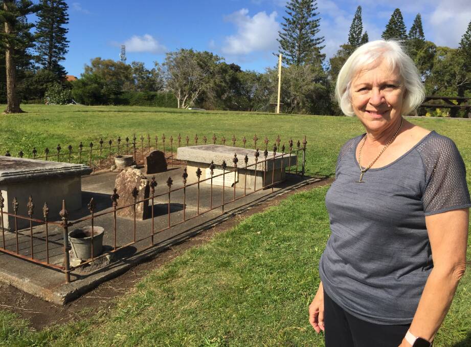Connected: Port Macquarie's Jennifer Mullin on Allman Hill. Her seventh generation descendant Thomas Currey is buried at the town's original cemetery.