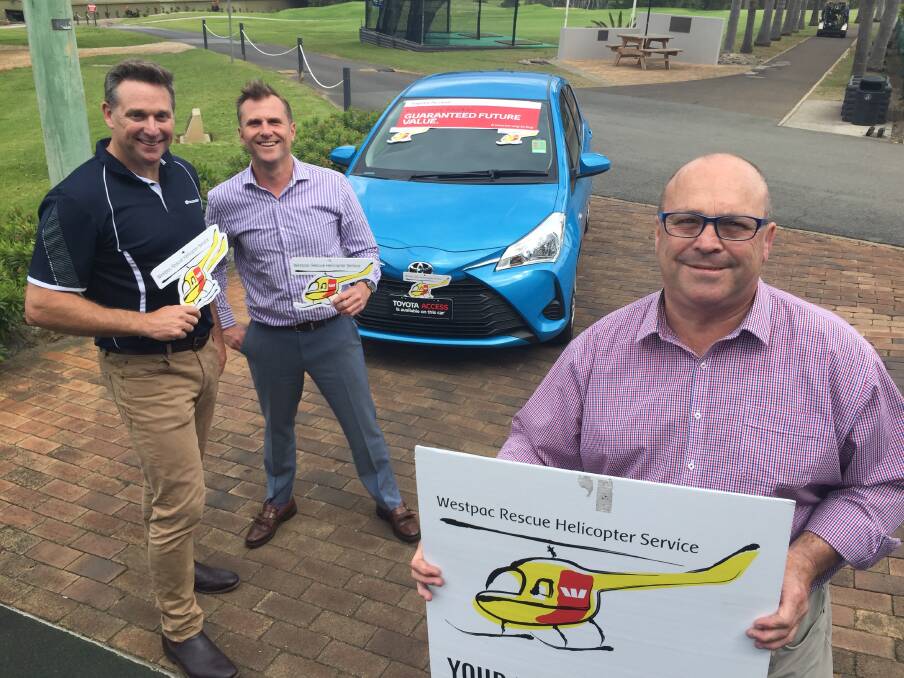 Win this car: Insurance House's Michael Huxley, Andrew Plowright from Warren Plowright Toyota and Westpac Rescue Helicopter Service CEO Richard Jones.