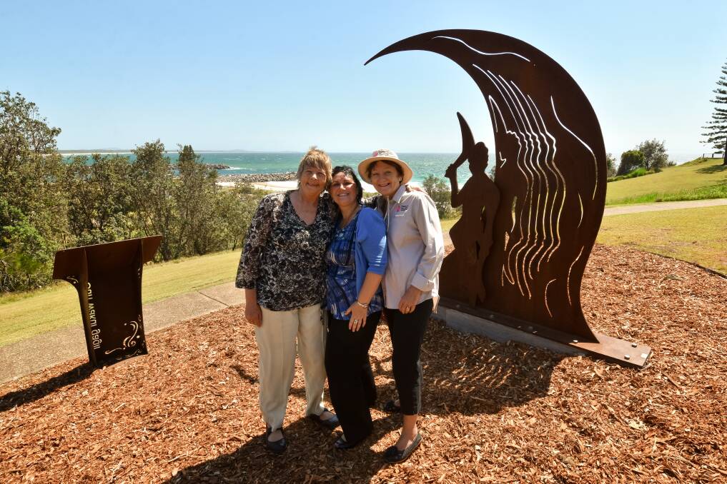 Sculpture unveiled: Deputy mayor Cr Lisa Intemann, council's Aboriginal Liaison Officer Kelly O'Brien and Friends of Mrs York's Garden president Dianne Davison.