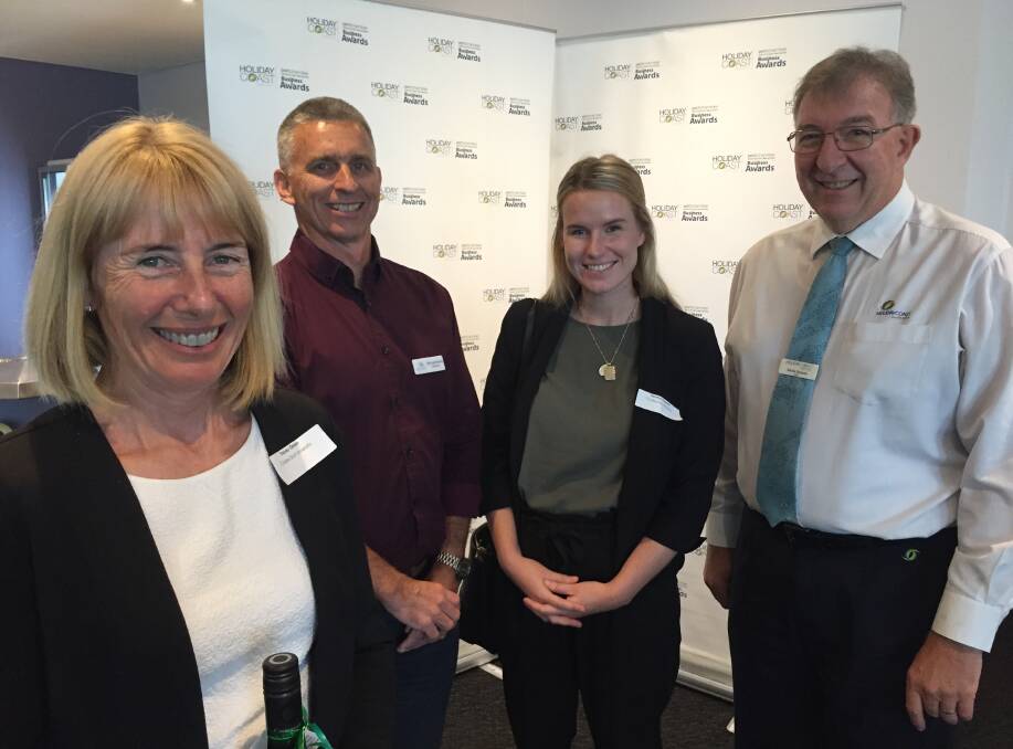 Awards launch: Charles Sturt University's Professor Tracey Green and community relations officer Courtney Haynes with chamber president Michael Mowle and Holiday Coast Credit Union CEO Neville Parsons at the launch of the business awards.