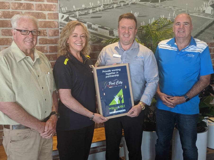 Great benefits: Willing and Able board member Tony Newel, Linda Elbourne, Port City Bowling Club CEO Russell Stockham and club board chair Christopher King.