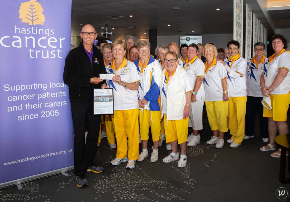 Thank you: Hastings Cancer Trust's Steve Thomas with The Westport Women's Bowling club president, Di Parry, and some of the members.