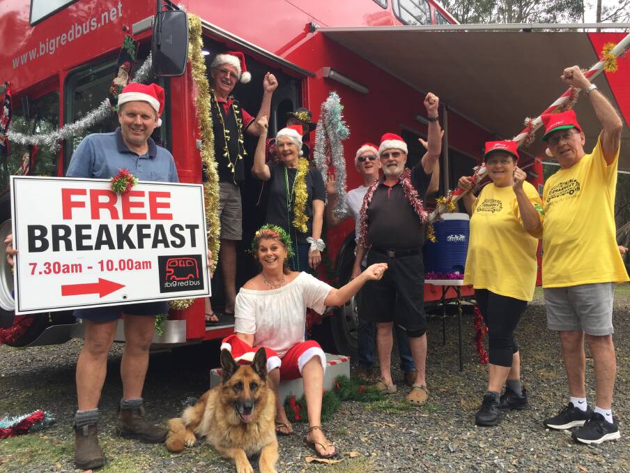 Come and join us: Some of the team involved in the Christmas Breakfast on the Beach, Ian Rosendahl, with Big Red Bus volunteers Susan and Russell Shelton and Robyn and Vern Kite, OzHarvest's Linda and Garry Brettell and Max and Karen Davies.