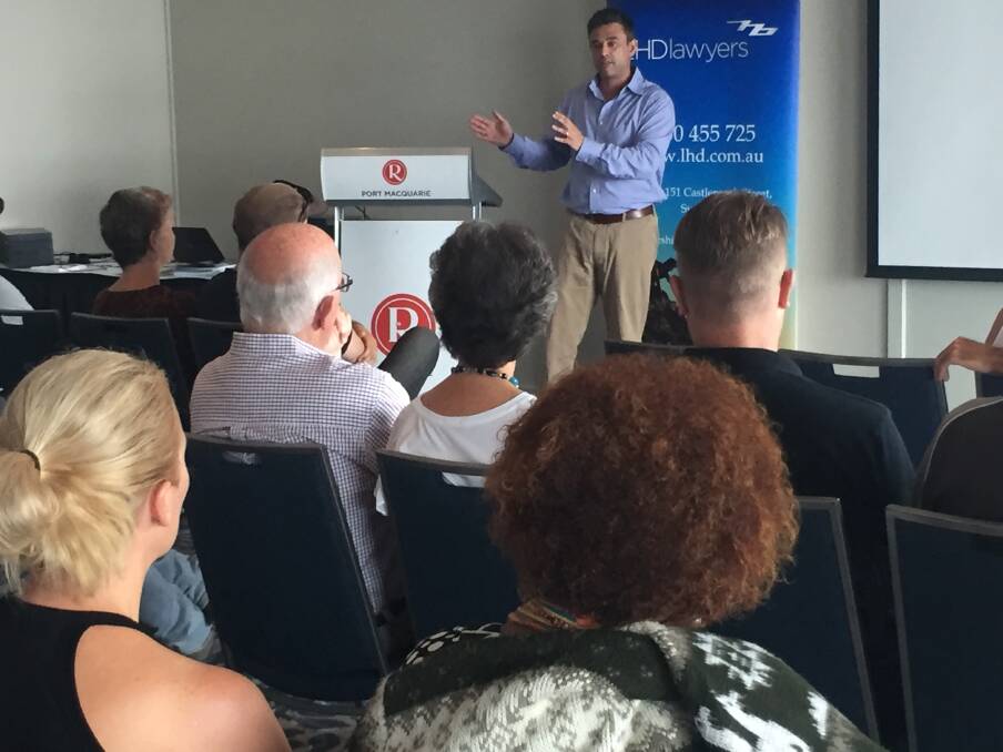 Information: LHD Lawyers' managing director Matthew Berenger addressing Monday evening's meeting in Port Macquarie.