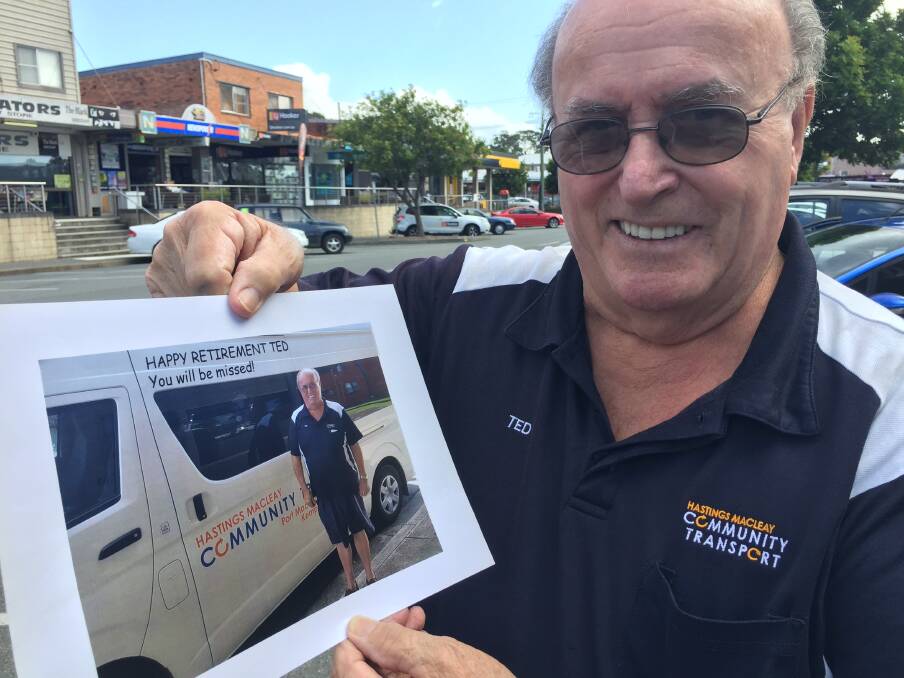 Happy retirement: Laurieton's Ted Laing has retired as a volunteer with Hastings Macleay Community Transport after 10 years' service. The organisation presented Ted a photograph  of himself and his regular transport vehicle to celebrate the occasion.