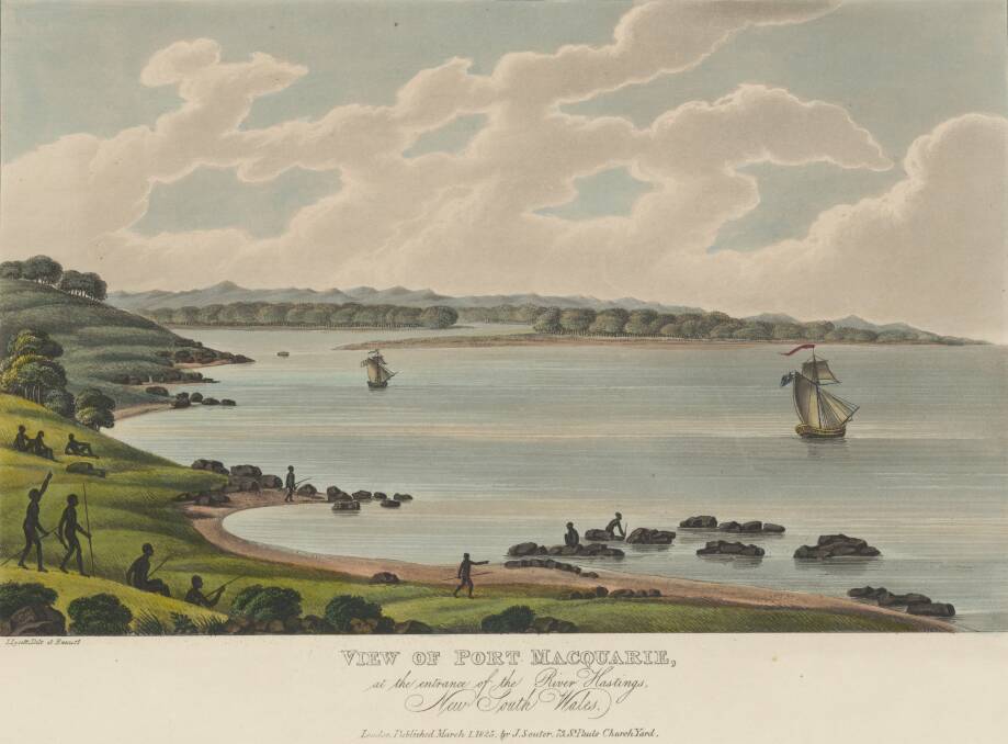 Early days: View of Port Macquarie at the entrance of the River Hastings, New South Wales, by J Lycett, published by J. Souter, London.