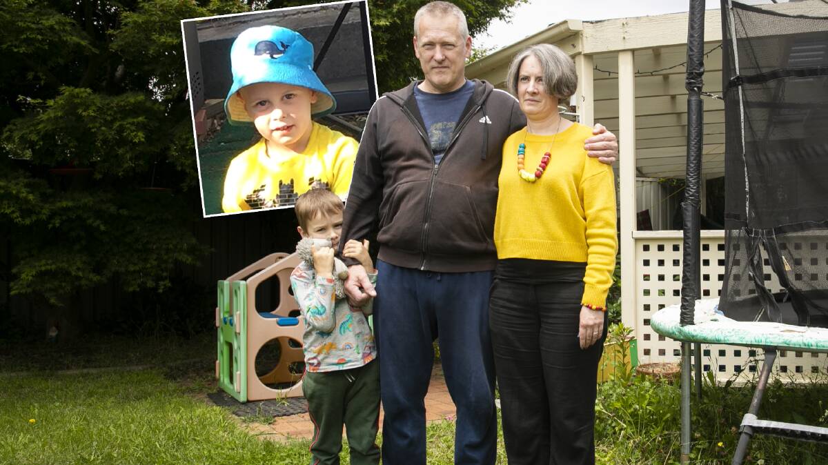 Blake Corney's parents, Andrew Corney and Camille Jago, with son Aidan Corney, 5, in the backyard at their home and, inset, Blake. Pictures: Keegan Carroll and supplied