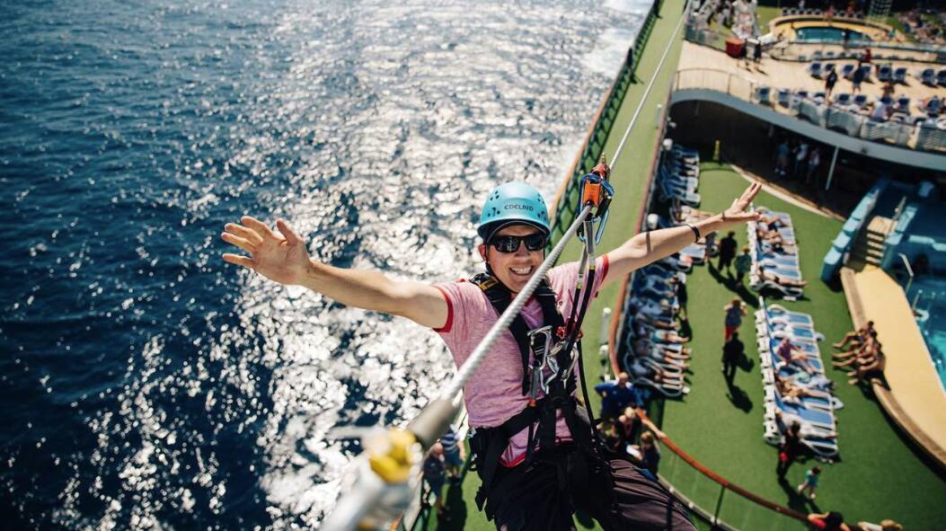 Say cheese! Zip lining at sea is the ultimate sensory overload. 