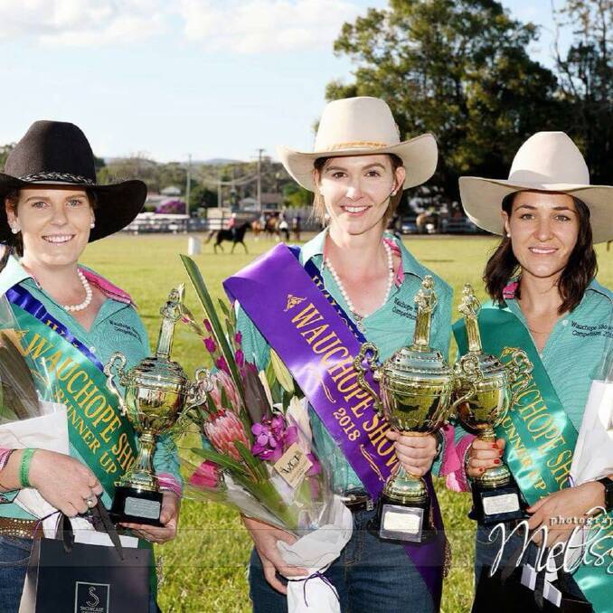 COMMUNITY CHAMPIONS: 2018 runner-up Hannah Shaw, Wauchope Showgirl Madeline Dobson and runner-up Jessica Prussing. Photo: Melissa Lee.