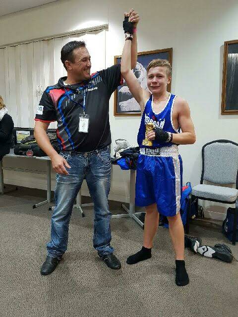 WELL DONE: Coach Dave Thurtell with Jack Potter who showed his talent for boxing at Taree PCYC boxing tournament last month.  Wauchope's Fight Night is on June 23.