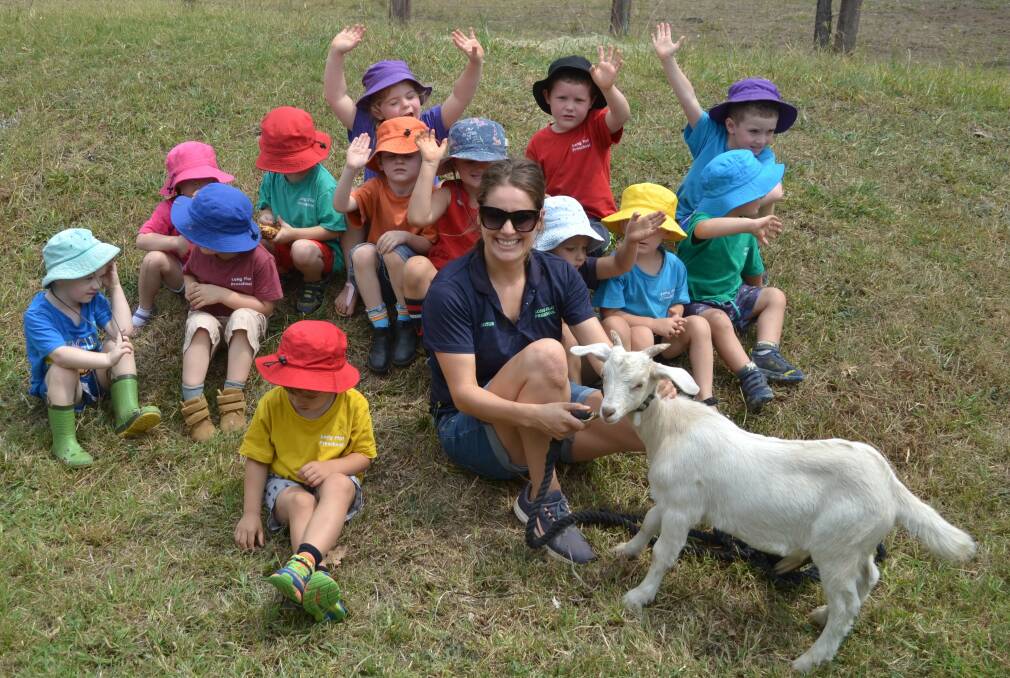 Long Flat pre-schoolers with Silas, Caitlin and Clyde the goat.