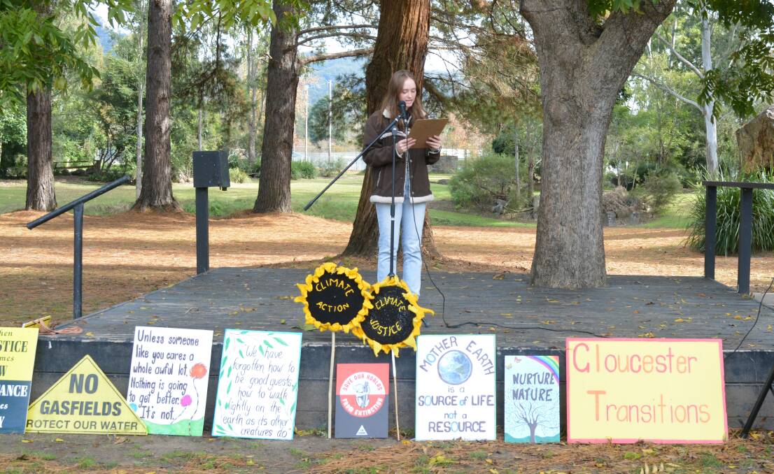 Elyssa Keen addressing the crowd at the Gloucester School Strike 4 Climate in May 2021.
