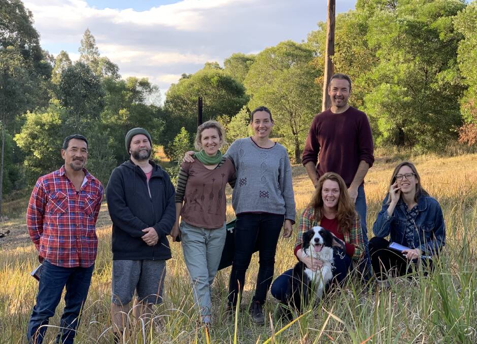 Jack, John, Jemma, Prue, John, Danielle, Paco the dog, and Naomi are part of the Black Bulga crew who share the vision of living in an intentional community. Photo supplied.