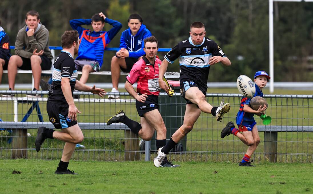 Sharks winger Josh Lee puts boot to ball in their win over Wauchope earlier this season. Photo: Lighthouse Sports Photography