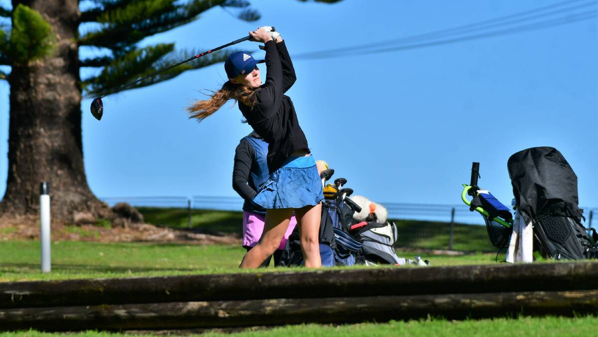Quedesha Golledge tees off on day two of the ladies Seaside Classic. Photo: Paul Jobber