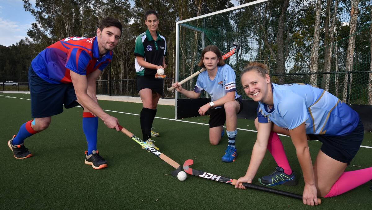 Grand finalists: Luke Hough, Catherine Carroll, Jacob Searle and Louise Oirbans ahead of this weekend's hockey grand finals. Photo: Ivan Sajko