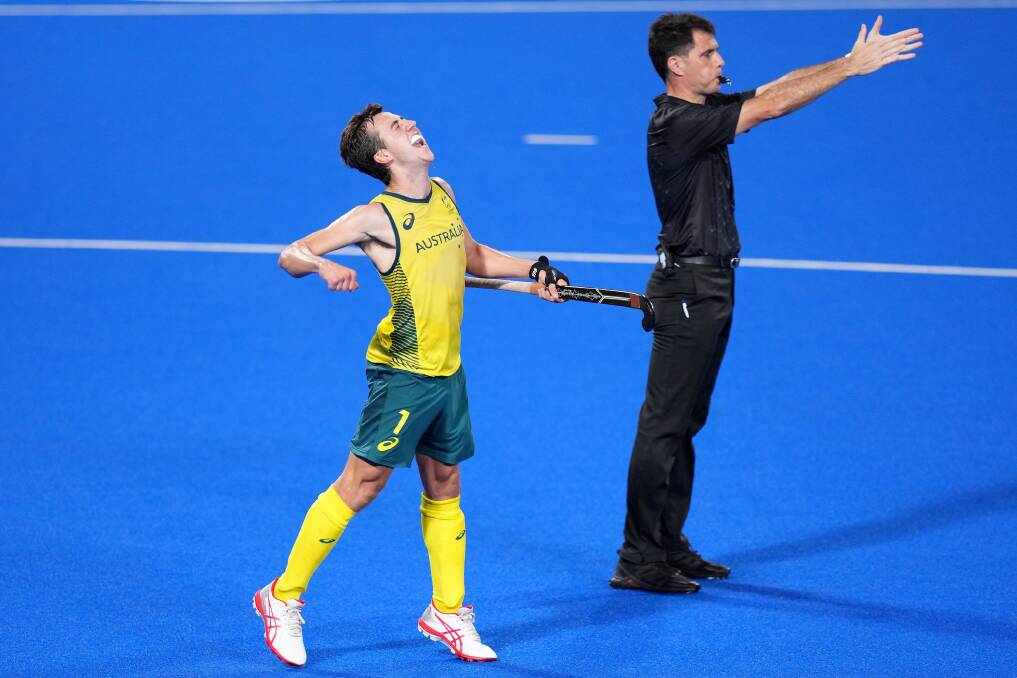 One to go: Lachlan Sharp celebrates after their men's semi-final win over Germany at the Tokyo Olympic Games. Photo: AAP Image/Joe Giddens